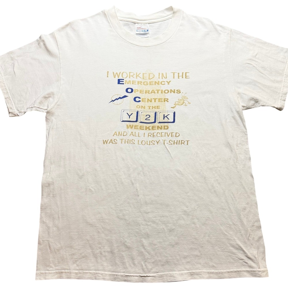 Vintage Y2K New Millenium NYE Emergency Operations Tech T-Shirt L Hanes Beefy-T